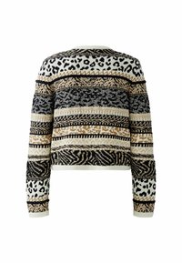 Strickpullover mit einem kurzen Design, mehrfarbigen Tier- und geometrischen Mustern in Schwarz, Beige und Creme, mit gerippten Bündchen und Saum.