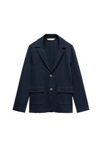 Laivastonsininen bleiseri, joka on valmistettu teksturoidusta kankaasta, yksi nappi edessä, kaartulentokarva ja kaksi etupocketia.