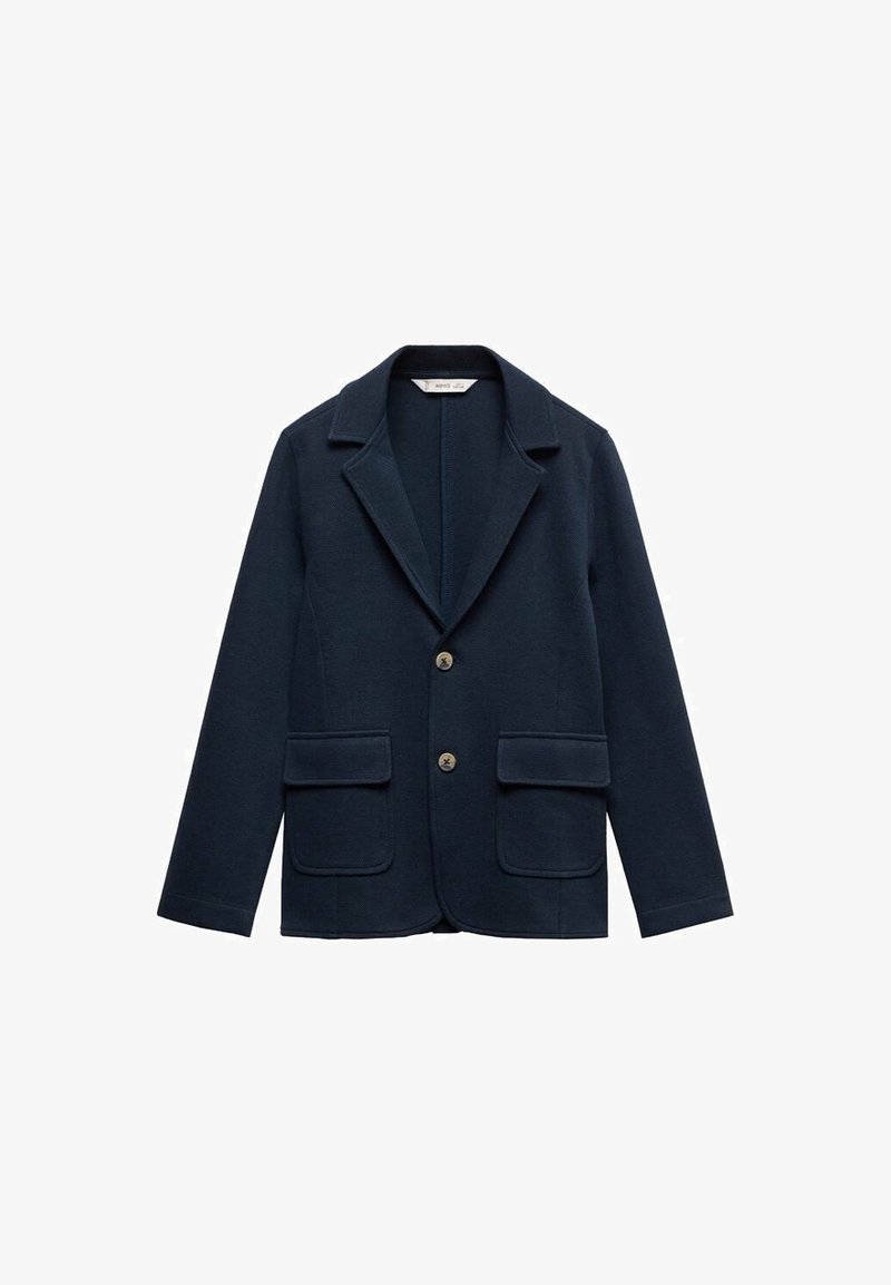 Laivastonsininen bleiseri, joka on valmistettu teksturoidusta kankaasta, yksi nappi edessä, kaartulentokarva ja kaksi etupocketia.