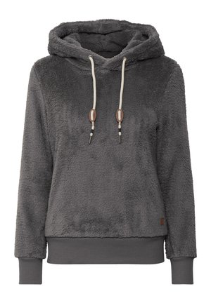Grijze fleece hoodie met een zachte textuur, verstelbare trekkoordkap, ribgebreide manchetten en zoom. Bevat een klein logo-detail op de zoom.