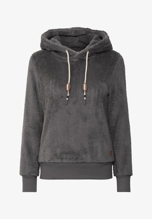 Šedá fleecová mikina s měkkou texturou, nastavitelnou kapucí se šňůrkou a ribbovanými manžetami a lemem. Obsahuje malou detailní logo nášivku na lemu.