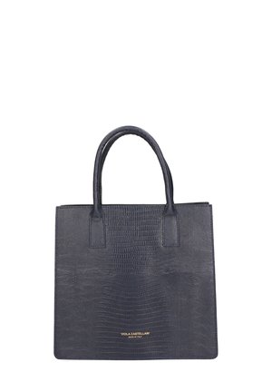 Borsa a mano blu navy realizzata in pelle testa di moro, con due manici robusti e un logo in rilievo dorato nella parte inferiore. Design quadrato.
