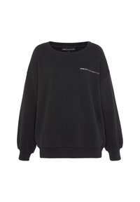 Black sweatshirt with a wide neckline, oversized fit, and long sleeves. Features white embroidered "FRENCH CONNECTION" logo on the chest.