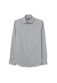 Chemise à manches longues avec boutons en gris clair à motif à carreaux subtil. Fabriquée en tissu texturé, elle présente un col classique et un ourlet arrondi.