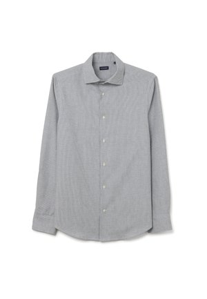 Camisa de manga larga con botones en gris claro con un sutil patrón de cuadros. Confeccionada con una tela texturizada, cuenta con un cuello clásico y dobladillo redondeado.