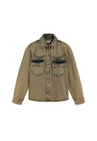 Jachetă de denim bej cu două buzunare la piept, închidere cu nasturi, guler ascuțit și cusături triunghiulare decorative de-a lungul cusăturilor umerilor.