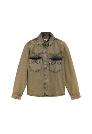 Beige spijkerjasje met twee borstzakken, knopen aan de voorkant, puntige kraag en driehoekige stikaccenten langs de schoudernaden.