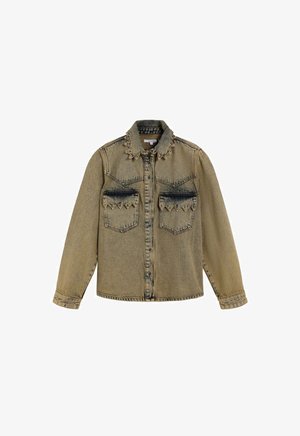 Beżowa kurtka dżinsowa z dwoma kieszeniami na piersi, zapinana na guziki, z ostrym kołnierzem i trójkątnymi przeszyciami wzdłuż szwów na ramionach.