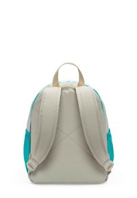 Takakatsiv view of a light gray backpack with turquoise mesh side pockets, adjustable straps, and a top carry handle.