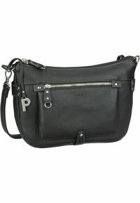 Borsa a tracolla nera in pelle con superficie testurizzata, scomparti con zip, hardware in argento e tracolla regolabile. Presenta un dettaglio con logo.