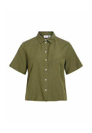 Oliivroheline lühikeste varrukatega nööbitav särk terava kraega ja lõdva istuvusega.