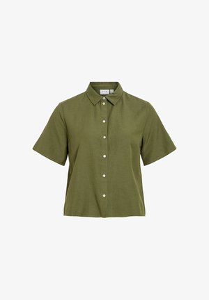 Oliivroheline lühikeste varrukatega nööbitav särk terava kraega ja lõdva istuvusega.