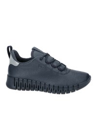 Dark blue sneaker with textured leather upper, elastic laces, cushioned sole with zigzag pattern, and padded collar.