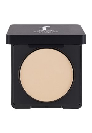 Compact powder in a square black case with a beige pressed powder and flip-top lid partially open.