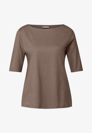 Ruskea puuvillapaita, jossa on leveä pyöreä pääntie, lyhyet hihat ja rento leikkaus. Ominaisuuksiin kuuluu sileä textura ja yksinkertainen muotoilu.