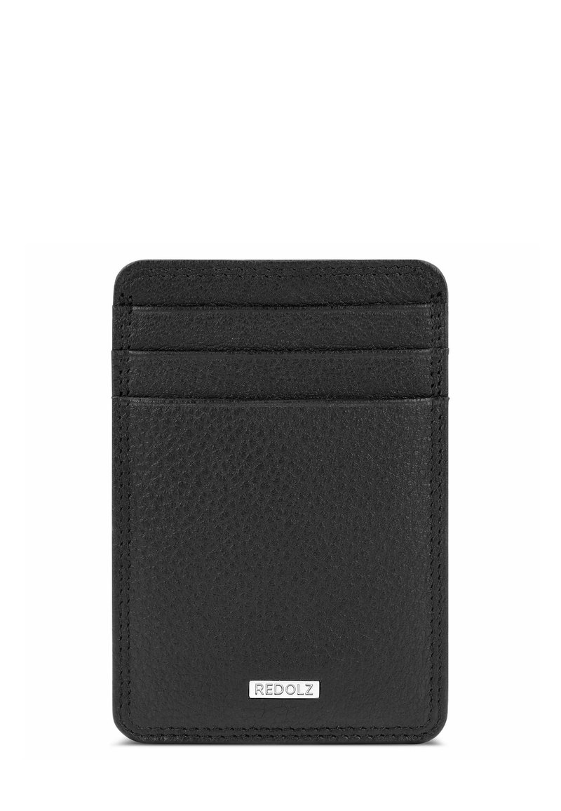 Zwarte leren kaarthouder met een gestructureerd oppervlak, zes kaartsleuven en een klein metallic logo aan de onderkant.