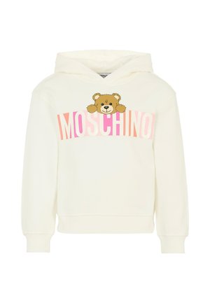 Sweatshirt crème en coton avec un graphique frontal d'un ours et le mot "MOSCHINO" en lettres roses et orange sur la poitrine.