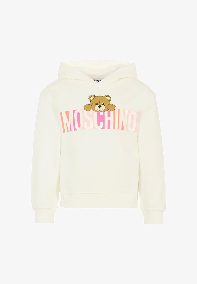 Sweatshirt crème en coton avec un graphique frontal d'un ours et le mot "MOSCHINO" en lettres roses et orange sur la poitrine.