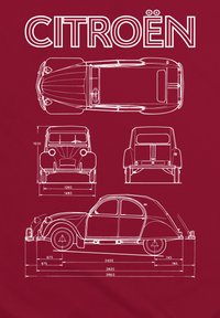 Plán auta Citroën v bílé barvě na burgundském pozadí, který ukazuje přední, boční a horní pohledy s podrobnými měřeními a obrysy.