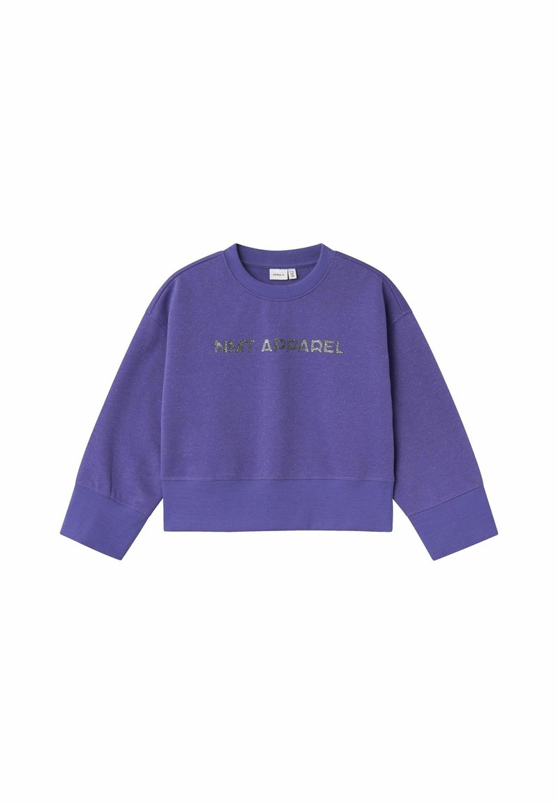 Felpa corta viola realizzata in tessuto morbido con il logo testurizzato "NMT APPAREL" in filato metallico. Maniche lunghe con polsini a costine.