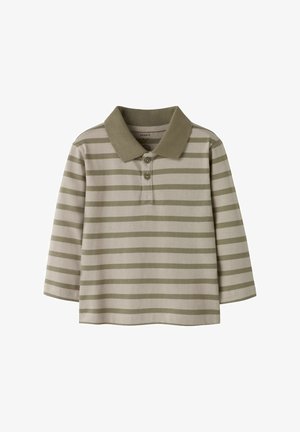 Gestreepte longsleeve polo shirt van zachte, lichte stof in beige met olijfgroene strepen, een kraag en een drieknoopsluiting.