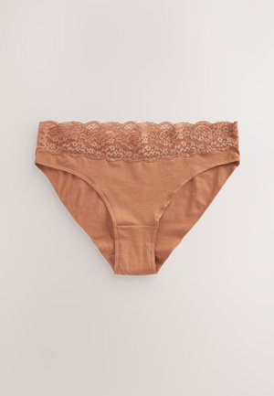 Beige Baumwollslips mit einem gewellten Spitzenbund. Verfügt über eine glatte Textur und klassischen Slip-Stil mit vollständiger Abdeckung.