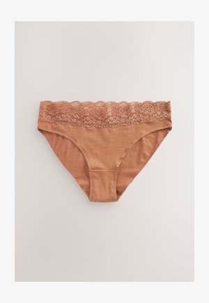 Beige Baumwollslips mit einem gewellten Spitzenbund. Verfügt über eine glatte Textur und klassischen Slip-Stil mit vollständiger Abdeckung.