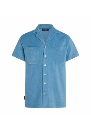 Turquoise short-sleeve shirt in soft terry cloth, featuring two chest pockets, a notch collar, and white button closures.