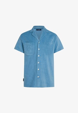 Chemise turquoise à manches courtes en tissu éponge doux, avec deux poches poitrine, un col cranté et des boutons blancs.