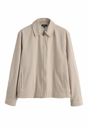 Beige and white small checkered zip-up jacket with collar and side slit pockets, long sleeves, and a straight hem.