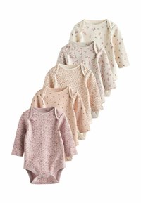 Cinque body per neonati a manica lunga e a coste con piccoli motivi floreali in tonalità di rosa, beige e crema, disposti a forma di ventaglio.