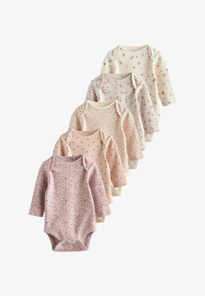 Viis pika varrukaga ribidega beebide bodysuit'i, millel on väikesed lillemustrid roosa, beeži ja kreemja värviga, paigutatud fännikujuliselt.