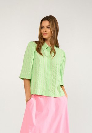 Žena v svetlozelenej pruhovanej blúzke s nafúknutými rukávmi a ružovej sukni, stojaca s rukami v kapse na jednoduchom pozadí.