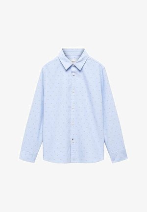 Jasnoniebieska koszula z długim rękawem, zapinana na guziki, z małymi ciemnymi wzorami kotwic i spiczastym kołnierzem na białym tle.
