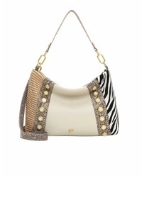 Borsa multicolore con pelle crema, dettagli intrecciati color marrone chiaro, stampa a zebra, dettagli in oro e bottoni decorativi sulla parte anteriore.