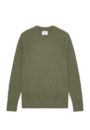 Olivgrüner, gerippt gestrickter Pullover mit Rundhalsausschnitt und langen Ärmeln. Verfügt über einen geraden Saum und eine dezente Textur im gesamten Stoff.