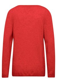 Roter Pullover mit langen Ärmeln, einem moderaten Rundhalsausschnitt und einem glatten, strukturierten Stoff, der in einer einfarbigen Ausführung ohne Muster gehalten ist.