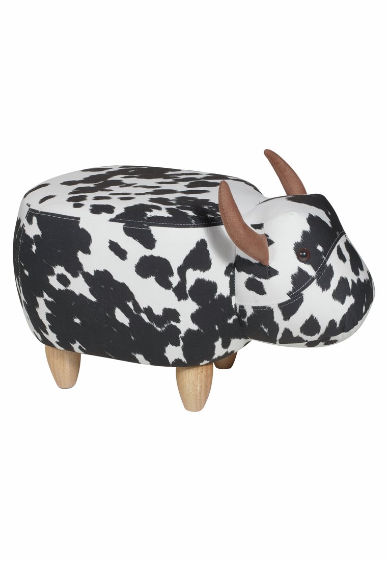 Kuh-förmiger Pouf mit einem schwarz-weißen Fleckenmuster, Holzbeinen und braunen Kunstlederhörnern. Gezähnte, gepolsterte Oberfläche.