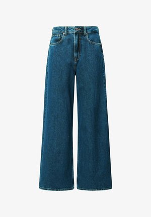 Hoge taille, wijde jeans gemaakt van diepblauwe denim. Bevat vijf zakken, riemlussen en zichtbare stiksels langs de naden.