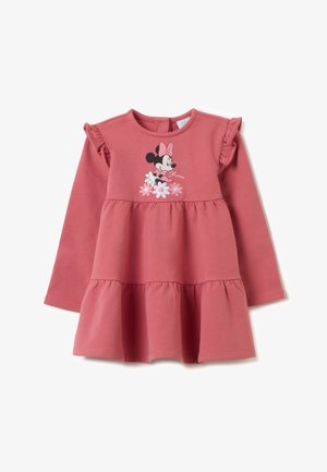 Langärmliges pinkes Kleid mit Rüsche an den Schultern, versehen mit einem schwarzen Minnie Mouse Grafik und bestickten Blumen auf dem Oberteil.