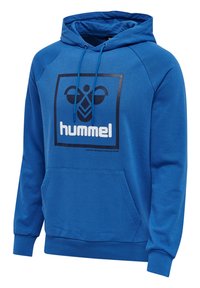 Blauer Kapuzensweatshirt mit Fronttasche und schwarzem hummel-Logo mittig auf der Brust mit Kordelzügen an der Kapuze.