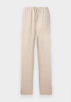 Heledad beežid lahtised püksid elastse vöökohaga ja paelaga, sirged sääred, valmistatud kergest kangast.