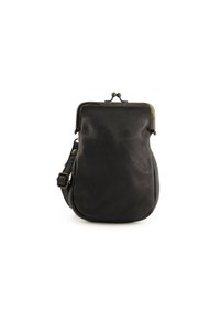 Sac à main en cuir noir avec une finition texturée, fermeture à fermoir et bandoulière réglable. Forme arrondie avec un design minimaliste.