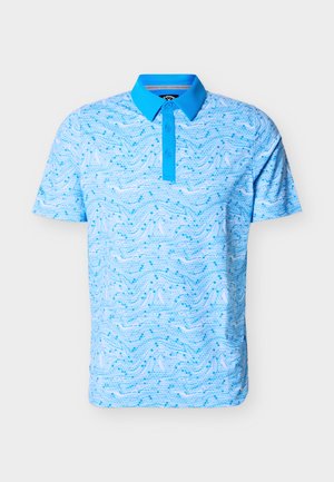 Hellblaues Poloshirt mit leuchtend blauem Kragen, Drei-Knopf-Leiste und wellenförmigem Punktmuster im gesamten Stoff.