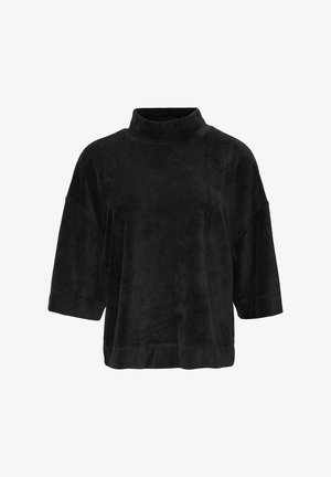 Zwarte corduroy top met een hoge funnelnek, losse pasvorm, korte mouwen en een subtiele ribbeltextuur.