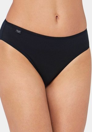 Black cotton brief with a smooth finish, featuring a subtle lace trim along the waistband and a small logo tag on the side. Classic design.