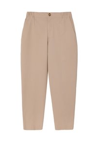 Beige, lightweight trousers with an elastic waistband and a side pocket; featuring a single button detail and tailored, straight leg design.