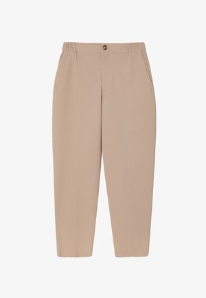 Beige, lightweight trousers with an elastic waistband and a side pocket; featuring a single button detail and tailored, straight leg design.