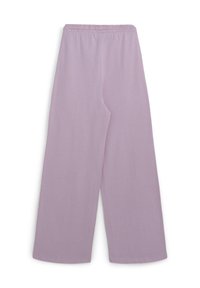 Helllila weit geschnittene Hose mit elastischem Bund, aus weichem Stoff, mit glatter Textur und ohne sichtbare Muster oder Akzente.