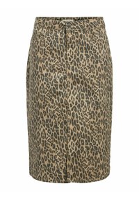 Jupe crayon en denim à imprimé léopard avec une coupe ajustée, taille haute, fermeture avant à boutons et finition subtilement brillante.